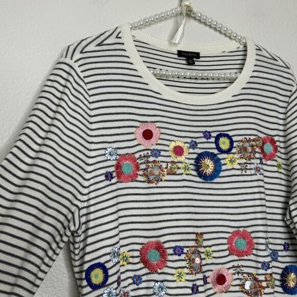 Talbots Sweater Medium Striped Floral Embroidery Beaded Embellish Bell Sleeve - Picture 4 of 16